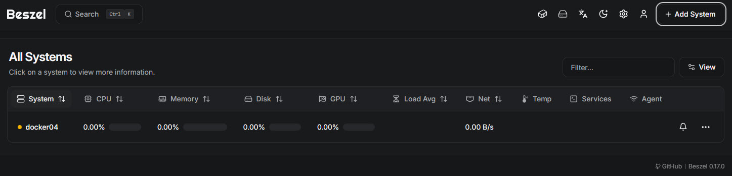 Beszel dashboard after adding docker04 as a monitored system