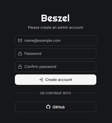 Beszel create administrator account screen