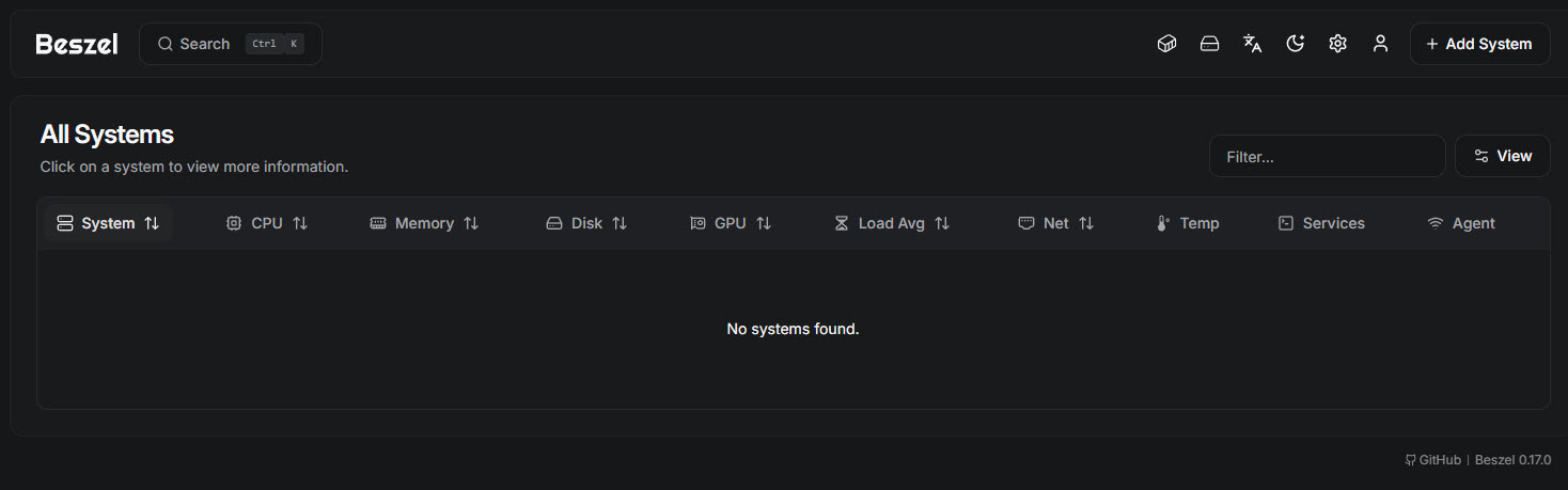 Beszel empty dashboard before adding any systems