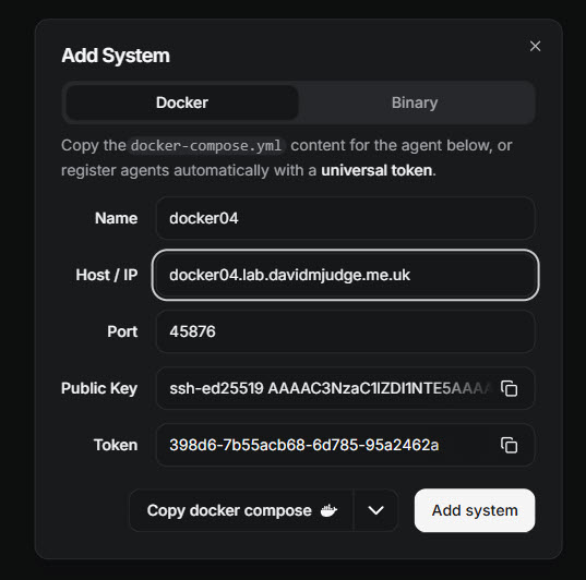 Completed Add System dialog for docker04 in Beszel
