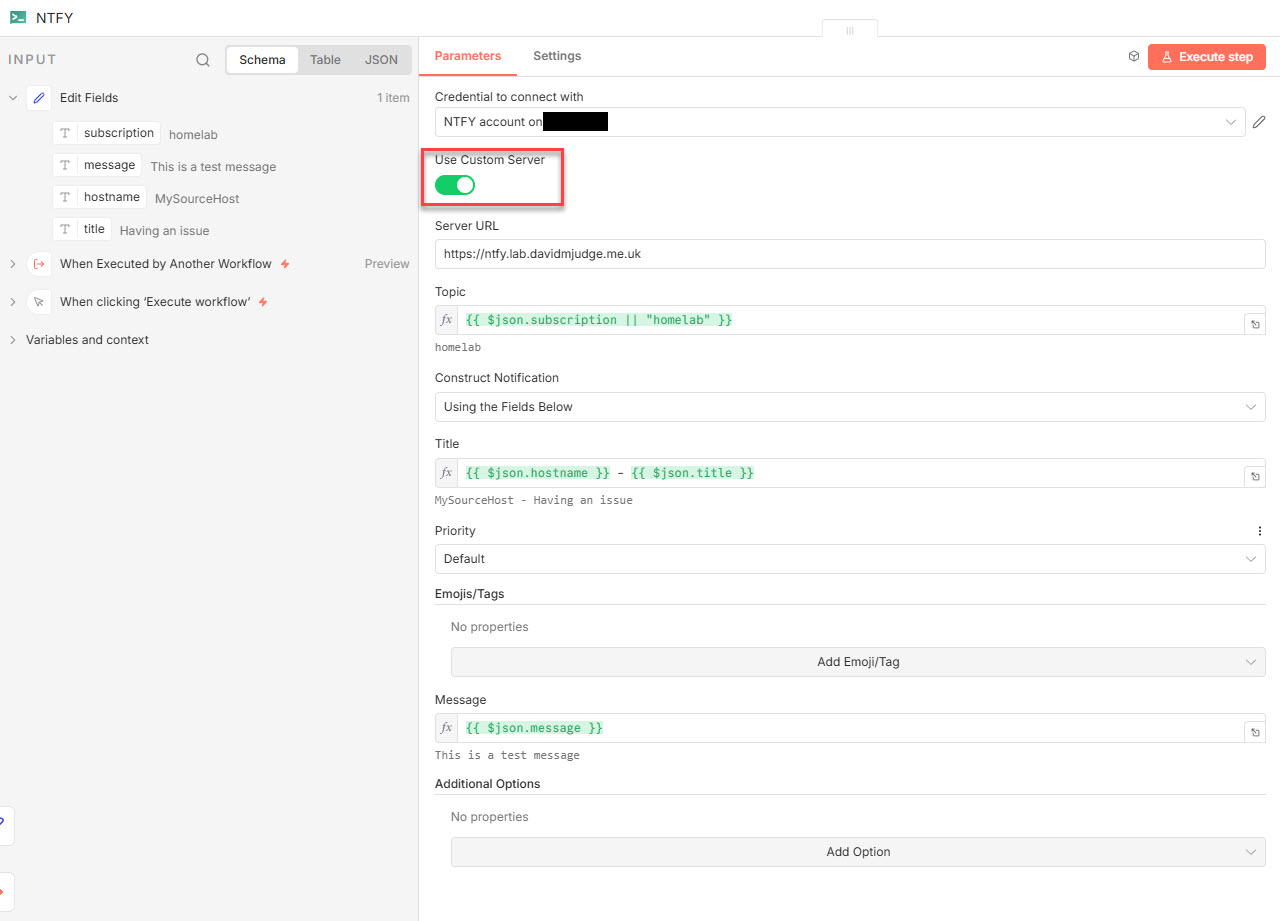Configurationof the ntfy node in n8n