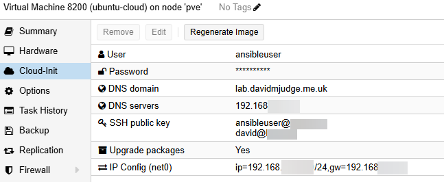 VM CloudInit parameters configuration in the Proxmox GUI