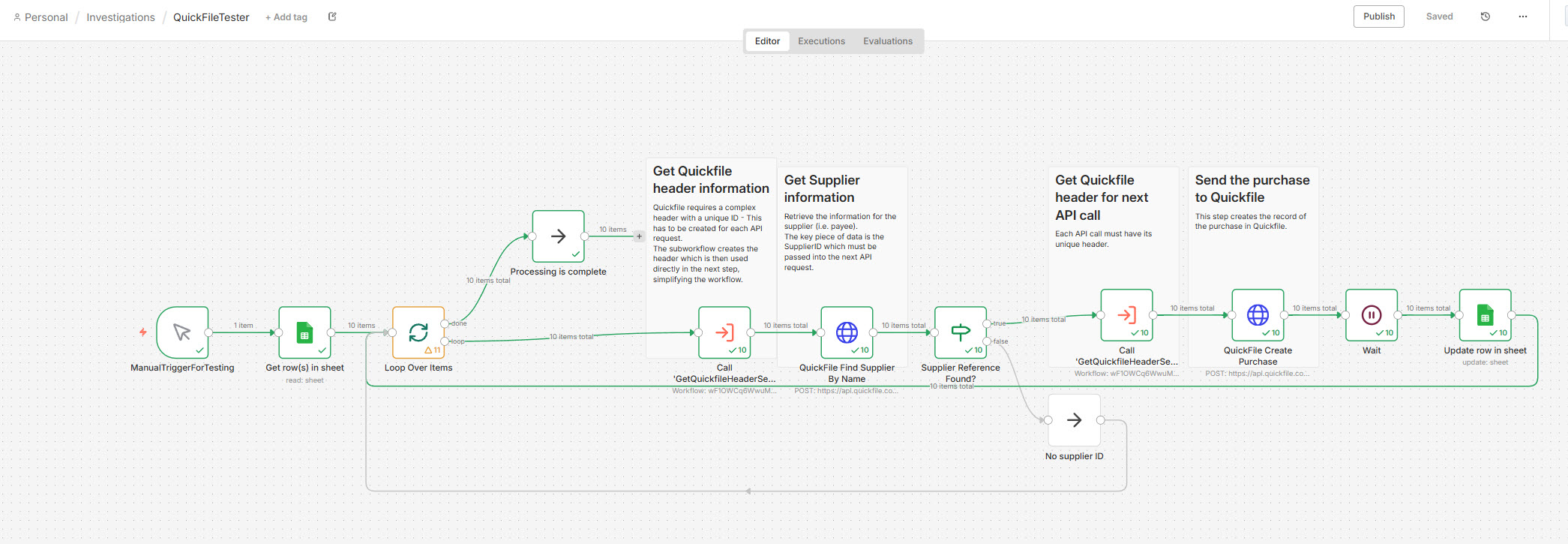 n8n flow pushing records to QuickFile