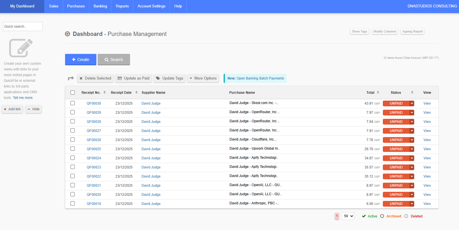 Purchases in QuickFile