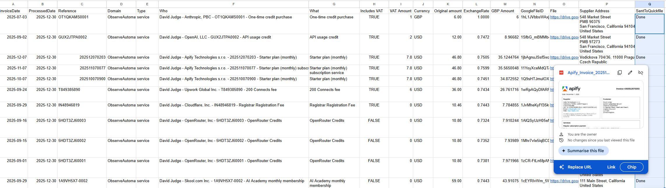 Spreadsheet with data and image